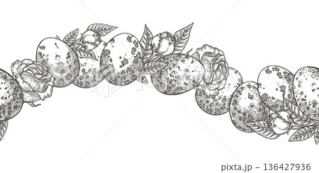 Easter seamless border with rose flower and spotted quail eggs in vintage sketch style. Hand drawn vector curved design. Graphic print ideal for line card template. Perfect for spring holiday season. Easter seamless border with rose flower and spotted quail eggs in vintage sketch style. Hand drawn vector curved design. Graphic print ideal for line card template. Perfect for spring holiday season. 136427936