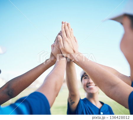 Sports hands, high five celebration and baseball team building for motivation, match winner or competition support. Player achievement, success and group of people congratulations, goals and teamwork Sports hands, high five celebration and baseball team building for motivation, match winner or competition support. Player achievement, success and group of people congratulations, goals and teamwork 136428012