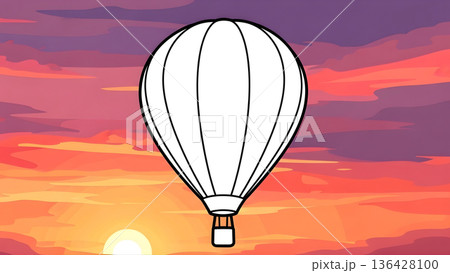 Classic Hot Air Balloon Vector Icon with Vibrant Sunset Sky Background 136428100