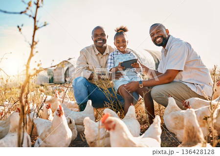 Family, chicken farm and lgbt portrait in countryside with sustainability, agriculture and kid. Gay parents, farming and child together with parent love and support with bird animal stock in field Family, chicken farm and lgbt portrait in countryside with sustainability, agriculture and kid. Gay parents, farming and child together with parent love and support with bird animal stock in field 136428128