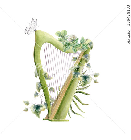 Green wooden harp,clover,fern,ivy,white butterfly-iconic national symbols of Ireland and Saint Patricks Day.Celtic charm for Irish heritage designs,holiday themes,cultural celebrations,festive 136428133