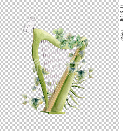 Green wooden harp,clover,fern,ivy,white butterfly-iconic national symbols of Ireland and Saint Patricks Day.Celtic charm for Irish heritage designs,holiday themes,cultural celebrations,festive 136428133