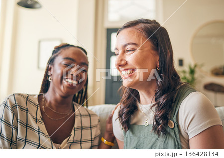 Happy, funny and friends with women on sofa for relax, bonding and conversation. Smile, support and happiness with people laughing in living room at home for gossip, chat and discussion together Happy, funny and friends with women on sofa for relax, bonding and conversation. Smile, support and happiness with people laughing in living room at home for gossip, chat and discussion together 136428134