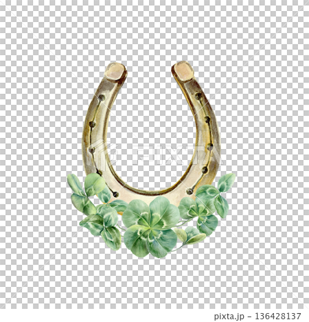 Upright horseshoe,rare four-leaf clover Irish symbols of luck and happiness.Watercolor illustration for St. Patricks Day designs,greeting cards,cultural gifts,national souvenirs Upright horseshoe,rare four-leaf clover Irish symbols of luck and happiness.Watercolor illustration for St. Patricks Day designs,greeting cards,cultural gifts,national souvenirs 136428137