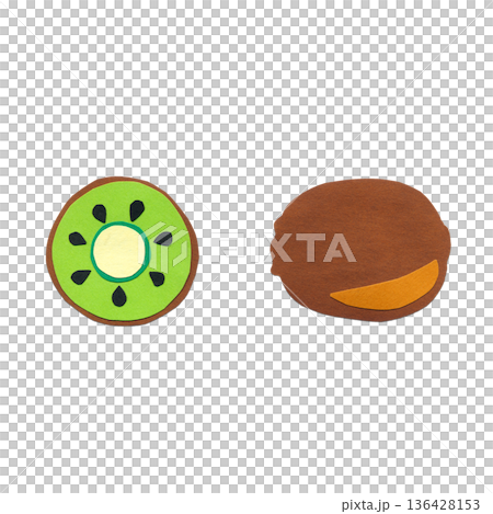 Kiwi fruit, whole and cross-section, collage style, colored paper illustration, material, parts Kiwi fruit, whole and cross-section, collage style, colored paper illustration, material, parts 136428153