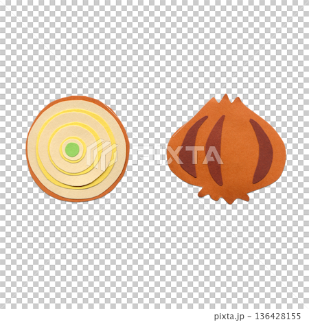 Onion whole and cross section collage style colored paper illustration material parts 136428155