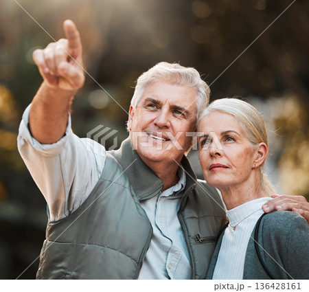 Senior couple, hiking and pointing in nature, thinking and view with direction, forest and adventure. Elderly man, woman and together with vision, walk or check environment on outdoor holiday in park 136428161