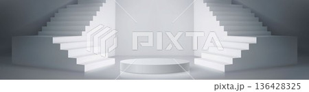 White 3D stair podium with circular platform 136428325