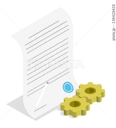 Isometric project documentation signed by engineer and plant manager for supply and installation of industrial equipment. Isolated cartoon vector concept on white background top view Isometric project documentation signed by engineer and plant manager for supply and installation of industrial equipment. Isolated cartoon vector concept on white background top view 136428428