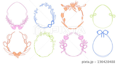 Whimsical Easter egg frame, flower pattern, ribbon 136428488