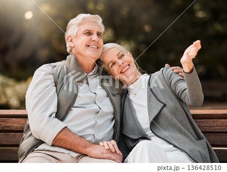 Love, park bench and senior happy couple relax, bonding and enjoy garden view, fresh air and nature wellness. Freedom, marriage and outdoor man, old woman or retirement people on romantic date 136428510