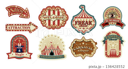 Vintage circus sign or emblems cartoon vector Vintage circus sign or emblems cartoon vector 136428552