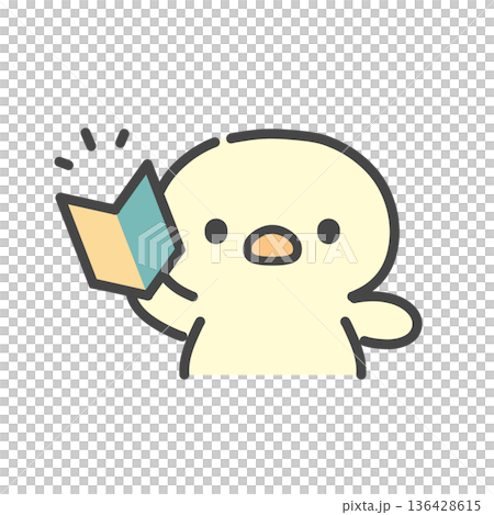 Hand-drawn illustration of a chick holding a beginner's mark Hand-drawn illustration of a chick holding a beginner's mark 136428615