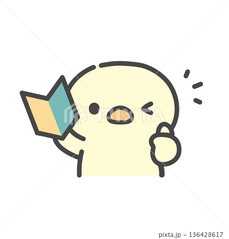 初心者マークを持ってサムズアップするひよこの手書きイラスト　初心者歓迎・新生活応援 136428617