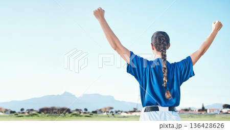 Back, outdoor and woman with fitness, celebration and victory with success, mockup and champion. Person, athlete and winner with open arms, growth and progress with sports, achievement and winning Back, outdoor and woman with fitness, celebration and victory with success, mockup and champion. Person, athlete and winner with open arms, growth and progress with sports, achievement and winning 136428626