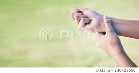 Wrist pain, sports person and hands injury from grass pitch challenge, lawn field workout or exercise problem or mistake. Medical emergency mockup, joint sprain or closeup athlete with muscle anatomy Wrist pain, sports person and hands injury from grass pitch challenge, lawn field workout or exercise problem or mistake. Medical emergency mockup, joint sprain or closeup athlete with muscle anatomy 136428650