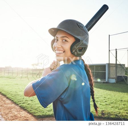 Baseball portrait, bat and a woman outdoor on a pitch for sports, performance and competition. Professional athlete or softball player happy about a game, training or exercise challenge at stadium 136428711