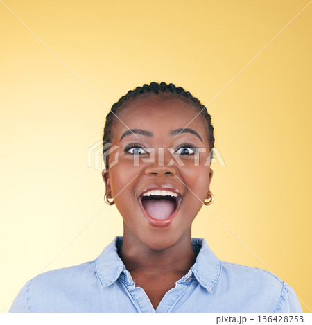 Surprise, wow or face of excited black woman on yellow background with smile for discount deal in studio. Happy, portrait or excited person shocked by sale offer, success or winning lottery jackpot Surprise, wow or face of excited black woman on yellow background with smile for discount deal in studio. Happy, portrait or excited person shocked by sale offer, success or winning lottery jackpot 136428753