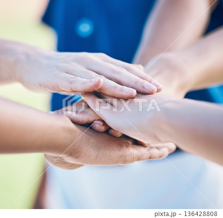 Sports, hands stack and together for baseball team building, match motivation or competition support. Closeup player, softball commitment and group of people collaboration, teamwork and solidarity Sports, hands stack and together for baseball team building, match motivation or competition support. Closeup player, softball commitment and group of people collaboration, teamwork and solidarity 136428808
