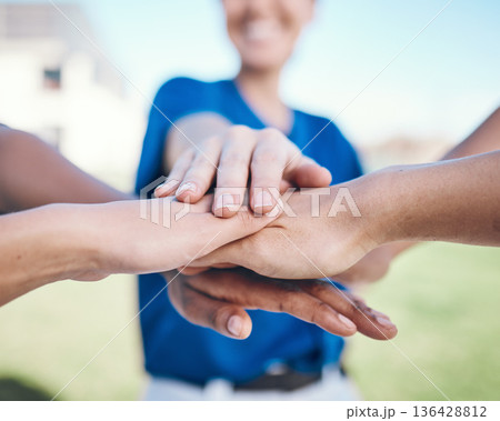 Baseball player, hands stack and together for team celebration, group teamwork or athlete goals support. Closeup champion, softball event winner and people celebrate match competition success 136428812