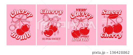 Vintage cherry poster. Retro berry print. Hand drawn cherries with text, slogan, typography. Sweet, fresh, farm, natural cherry banner with stars and grunge texture. Vector set 136428862