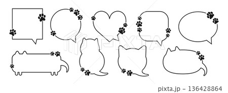 Paw pet frame. Animal foot speech bubble. Doodle line text box with cute cat and dog footprints. Circle, heart, square border, cat-shaped talk blank. Pet lovers vector set Paw pet frame. Animal foot speech bubble. Doodle line text box with cute cat and dog footprints. Circle, heart, square border, cat-shaped talk blank. Pet lovers vector set 136428864
