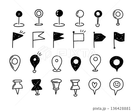 Doodle location pin. Sketch local icons. Hand drawn pencil address coordinate symbols, chalk digital map pinpoint, GPS tag, place marker, journey point. Vector set Doodle location pin. Sketch local icons. Hand drawn pencil address coordinate symbols, chalk digital map pinpoint, GPS tag, place marker, journey point. Vector set 136428881