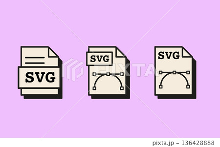 SVG vector file icons with curve path editing tool with adjustment handles in retro vaporwave style. Vector graphics format symbols for digital illustrators, graphic designers, web development app. 136428888