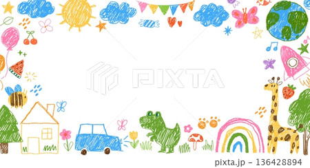 Kid draw frame. Banner with child crayon element. Doodle pencil background, chalk kids border with drawing sun, cloud, rainbow, butterfly. Childish templates. Vector concept 136428894