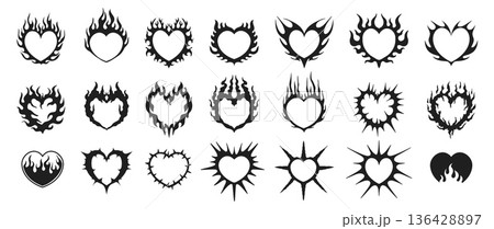 Neo tribal heart. Y2K tattoo hearts. Abstract gothic flame and love elements, fire punk rock silhouette, black futuristic cyber, techno stickers. Vintage burning shape. Vector set Neo tribal heart. Y2K tattoo hearts. Abstract gothic flame and love elements, fire punk rock silhouette, black futuristic cyber, techno stickers. Vintage burning shape. Vector set 136428897