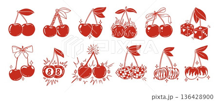 Vintage cherry. Retro berry. Sketch cherries with bow, ribbon, leaves, berries explosion, luck, 8 ball, heart, fire, disco ball, lucky dice. Hand drawn decorative vector prints 136428900