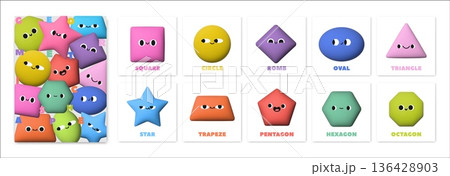 3d geometric shape characters. Abstract basic figure. Realistic cute kids colorful blob figures with faces for childrens education, school cards. Vector set 136428903