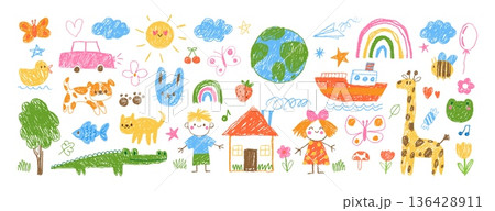 Child doodle drawing. Kids hand drawn illustration. Cute colorful kid crayon painting, pencil animals, chalk rainbow, house, planets. Funny kindergarten prints. Vector set 136428911