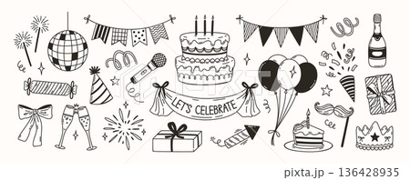 Party doodle. Birthday celebration hand drawn elements. Festive holiday event sketch icons. Disco ball, garlands and karaoke microphone, champagne and cake with candles, balloons. Vector isolated set 136428935