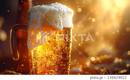 A cold pint of golden lager beer with thick white foam sits on a bar table, serving as a refreshing alcoholic beverage in a full glass mug 136429022