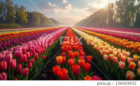 Vibrant Dutch tulip field in full spring bloom with colorful red, pink, and yellow flowers under a clear blue sky across a scenic Holland landscape Vibrant Dutch tulip field in full spring bloom with colorful red, pink, and yellow flowers under a clear blue sky across a scenic Holland landscape 136429032