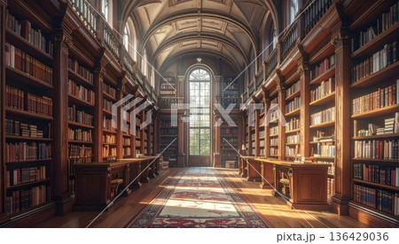 An ancient stone corridor in a medieval European abbey library features a narrow vaulted cloister and historic architecture deep within the old town city center 136429036