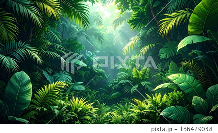 Lush tropical jungle background featuring green fern leaves and evergreen pine branches creating a natural forest frame for a festive holiday celebration Lush tropical jungle background featuring green fern leaves and evergreen pine branches creating a natural forest frame for a festive holiday celebration 136429038