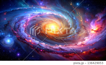A vibrant nebula glows with abstract blue light across the dark cosmos as a lone planet drifts through a brilliant starry galaxy in the deep night of the outer universe 136429053