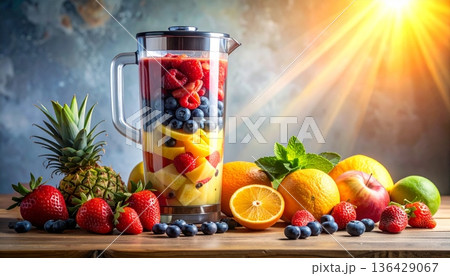 A vibrant still life with fresh fruits and vegetables featuring ripe apples, juicy oranges, and a pineapple alongside a glass of healthy green juice for a sweet breakfast diet isolated on white 136429067