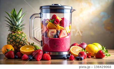 A vibrant still life with fresh fruits and vegetables featuring ripe apples, juicy oranges, and a pineapple alongside a glass of healthy green juice for a sweet breakfast diet isolated on white 136429068