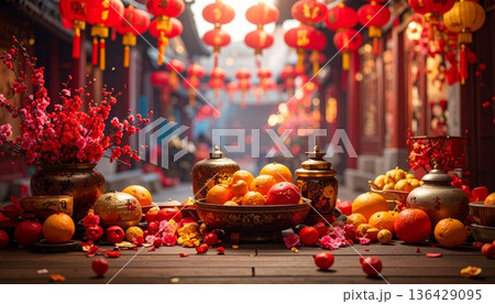 Glowing red Chinese lanterns illuminate the dark urban architecture and old city street as people travel through Shanghai on a winter evening 136429095