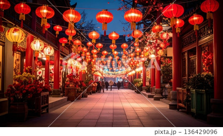 Glowing red Chinese lanterns illuminate the dark urban architecture and old city street as people travel through Shanghai on a winter evening 136429096