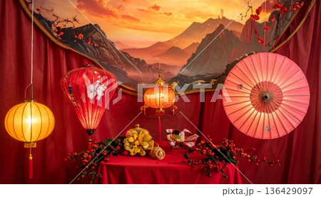 Glowing red Chinese lanterns illuminate the dark urban architecture and old city street as people travel through Shanghai on a winter evening 136429097