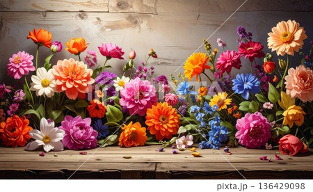 A vibrant spring bouquet of colorful tulips and roses arranged in a wooden garden setting, featuring a beautiful floral blossom bunch that captures the essence of nature 136429098