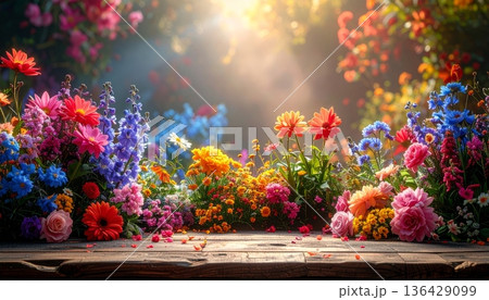 A vibrant spring bouquet of colorful tulips and roses arranged in a wooden garden setting, featuring a beautiful floral blossom bunch that captures the essence of nature A vibrant spring bouquet of colorful tulips and roses arranged in a wooden garden setting, featuring a beautiful floral blossom bunch that captures the essence of nature 136429099