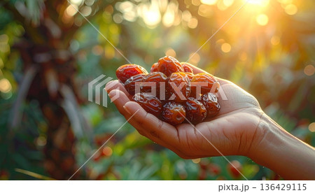 A closeup of organic brown coffee beans held in a palm like healthy dried fruit snacks isolated on a white background 136429115