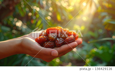 A closeup of organic brown coffee beans held in a palm like healthy dried fruit snacks isolated on a white background 136429116