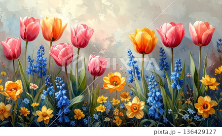 A colorful spring garden showcases beautiful red and pink tulip blossoms in a vibrant nature field where floral beauty and seasonal flora bloom under the bright day sun 136429127