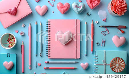 A romantic red fire alarm bell in a heart shape hangs on a pink wall as a symbolic Valentine's Day decoration for a holiday celebration of love 136429137